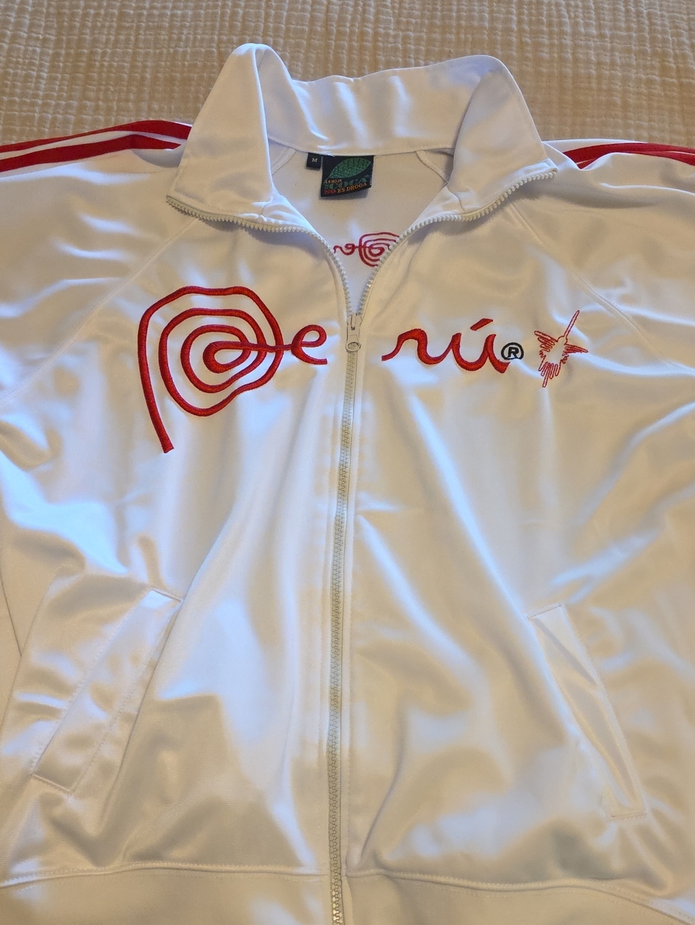 Peru Embroidered White and Red Zip-Front Track Jacket La Hoja De Coca